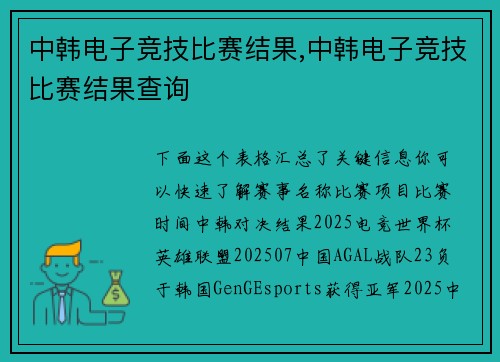 中韩电子竞技比赛结果,中韩电子竞技比赛结果查询